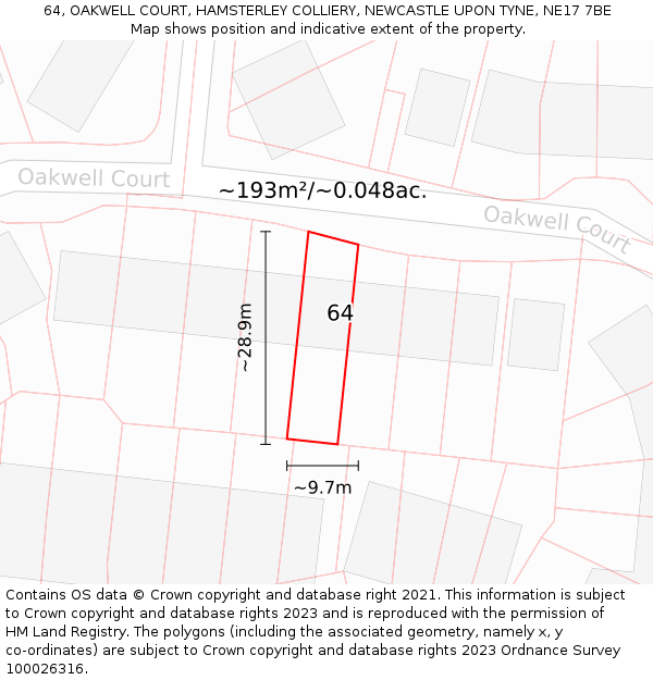 64, OAKWELL COURT, HAMSTERLEY COLLIERY, NEWCASTLE UPON TYNE, NE17 7BE: Plot and title map