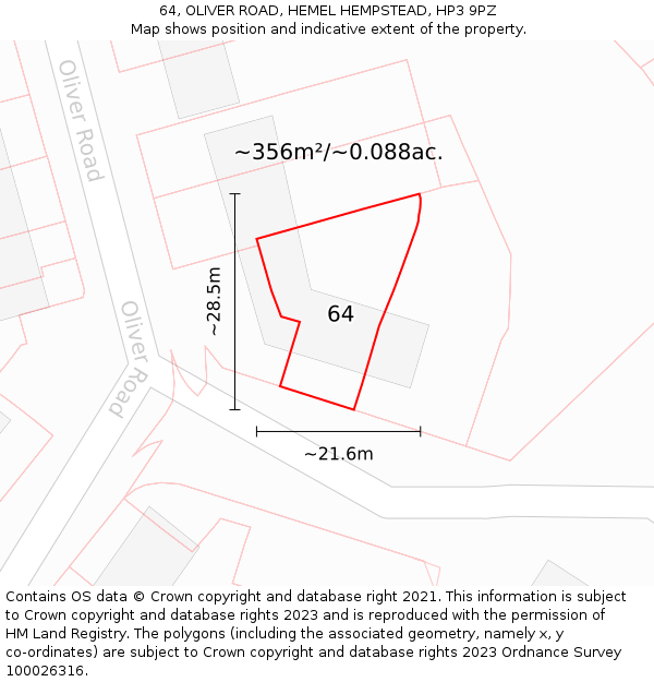 64, OLIVER ROAD, HEMEL HEMPSTEAD, HP3 9PZ: Plot and title map