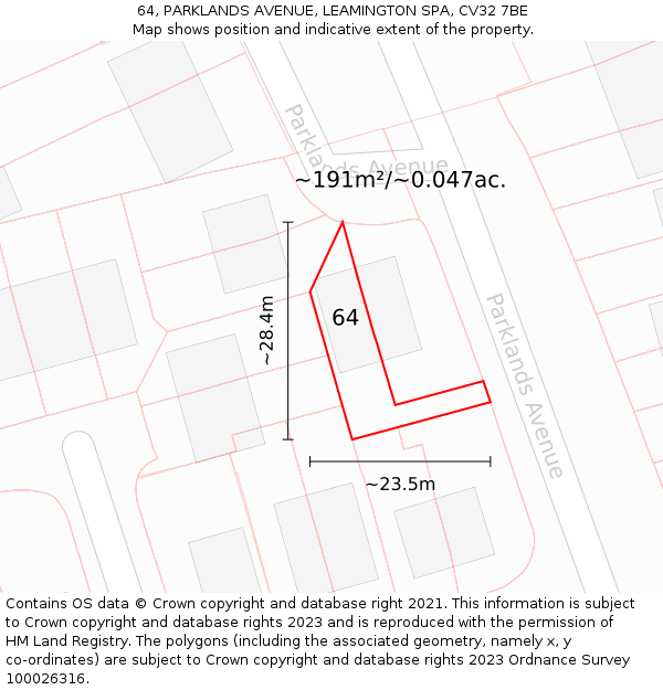 64, PARKLANDS AVENUE, LEAMINGTON SPA, CV32 7BE: Plot and title map