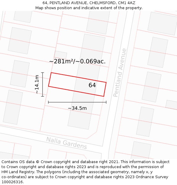 64, PENTLAND AVENUE, CHELMSFORD, CM1 4AZ: Plot and title map