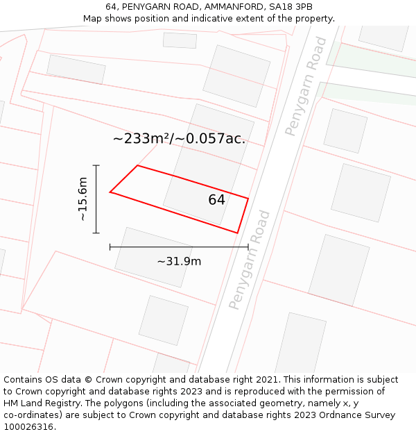 64, PENYGARN ROAD, AMMANFORD, SA18 3PB: Plot and title map