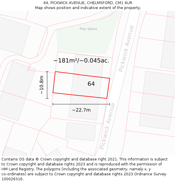 64, PICKWICK AVENUE, CHELMSFORD, CM1 4UR: Plot and title map