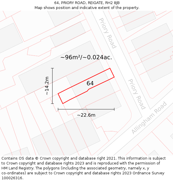 64, PRIORY ROAD, REIGATE, RH2 8JB: Plot and title map