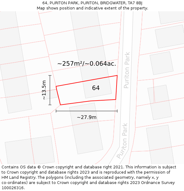 64, PURITON PARK, PURITON, BRIDGWATER, TA7 8BJ: Plot and title map