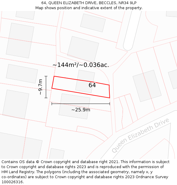 64, QUEEN ELIZABETH DRIVE, BECCLES, NR34 9LP: Plot and title map