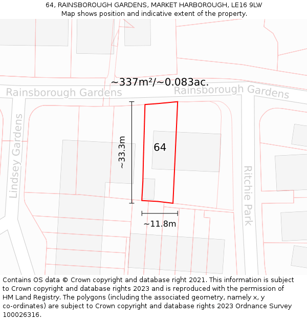 64, RAINSBOROUGH GARDENS, MARKET HARBOROUGH, LE16 9LW: Plot and title map