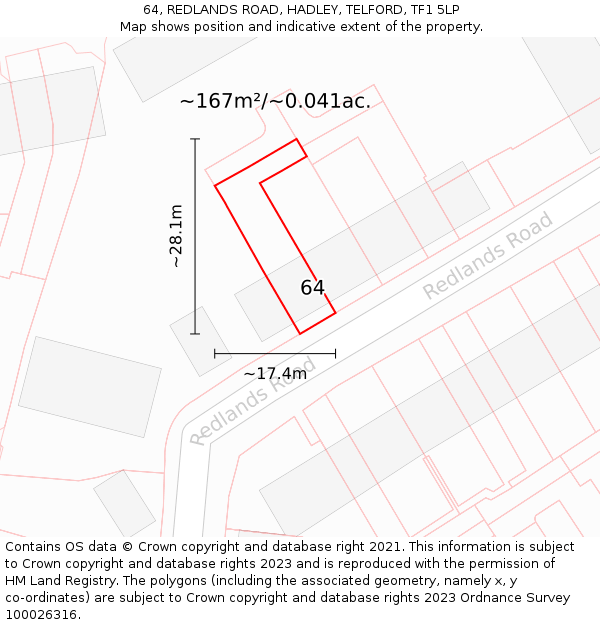 64, REDLANDS ROAD, HADLEY, TELFORD, TF1 5LP: Plot and title map