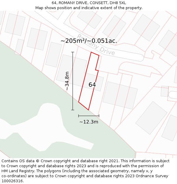 64, ROMANY DRIVE, CONSETT, DH8 5XL: Plot and title map