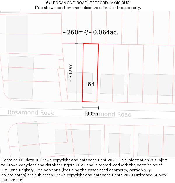 64, ROSAMOND ROAD, BEDFORD, MK40 3UQ: Plot and title map