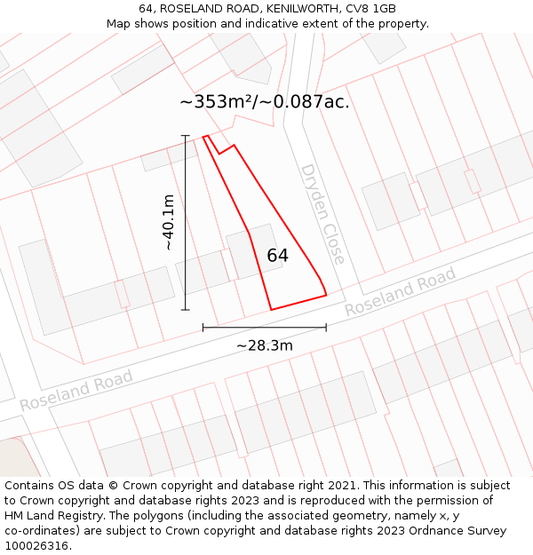 64, ROSELAND ROAD, KENILWORTH, CV8 1GB: Plot and title map