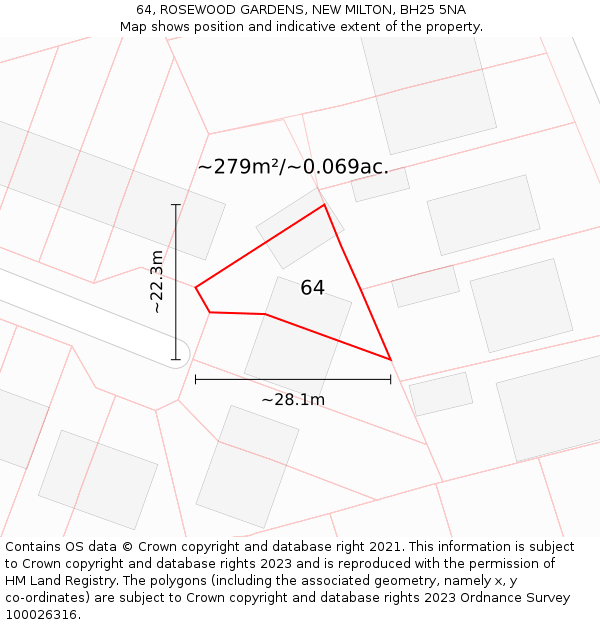 64, ROSEWOOD GARDENS, NEW MILTON, BH25 5NA: Plot and title map