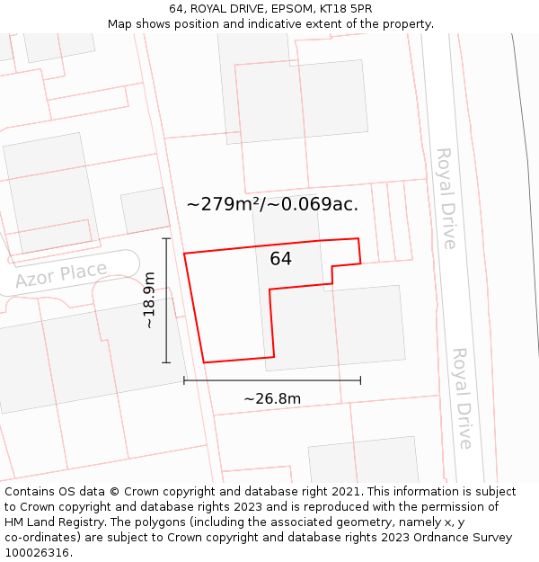 64, ROYAL DRIVE, EPSOM, KT18 5PR: Plot and title map