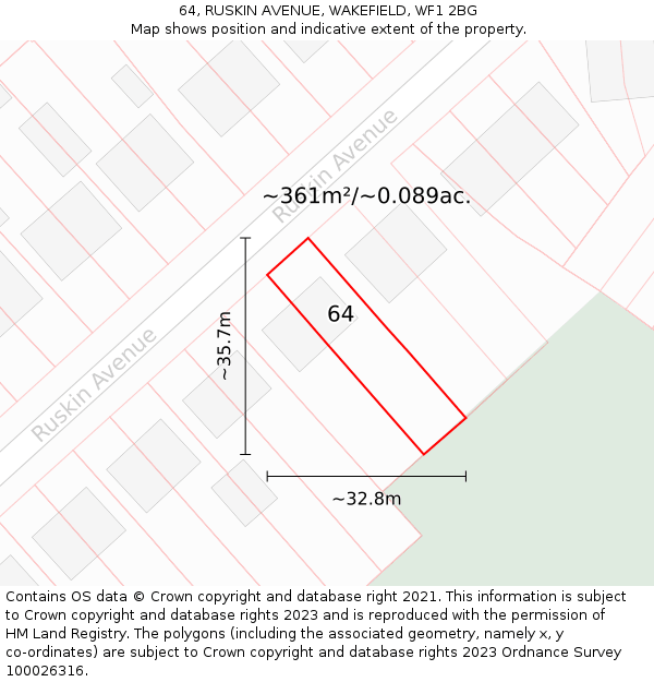 64, RUSKIN AVENUE, WAKEFIELD, WF1 2BG: Plot and title map