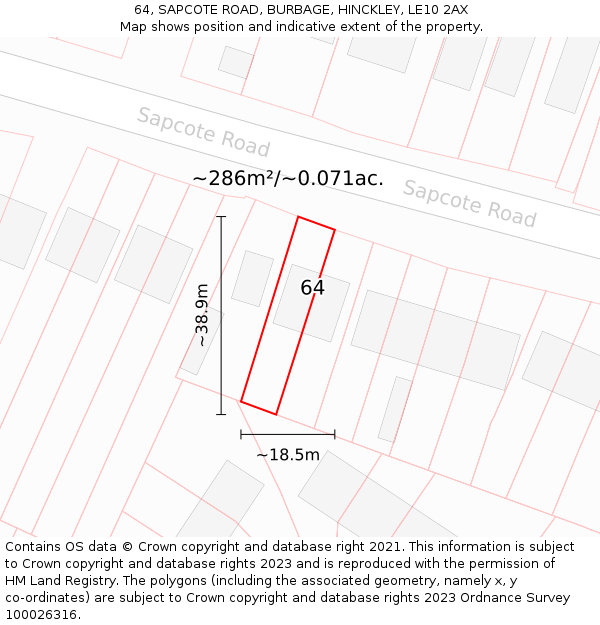 64, SAPCOTE ROAD, BURBAGE, HINCKLEY, LE10 2AX: Plot and title map