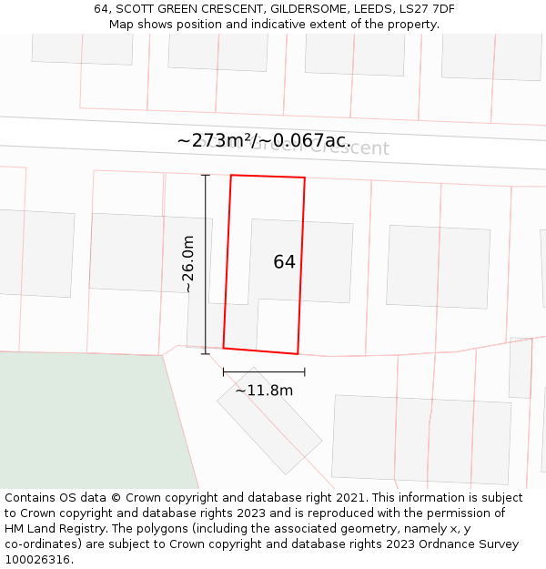 64, SCOTT GREEN CRESCENT, GILDERSOME, LEEDS, LS27 7DF: Plot and title map