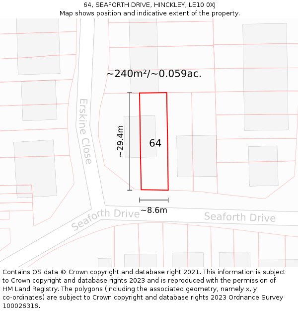 64, SEAFORTH DRIVE, HINCKLEY, LE10 0XJ: Plot and title map