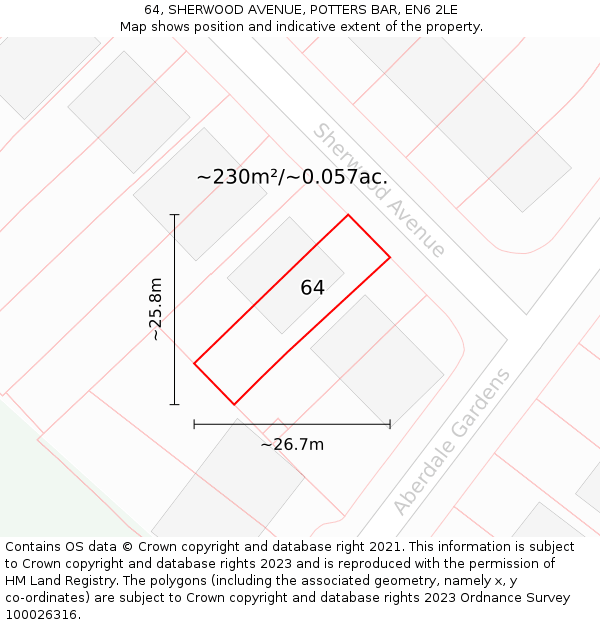 64, SHERWOOD AVENUE, POTTERS BAR, EN6 2LE: Plot and title map