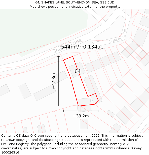 64, SNAKES LANE, SOUTHEND-ON-SEA, SS2 6UD: Plot and title map