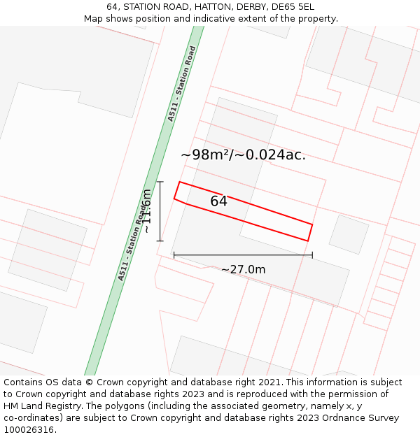 64, STATION ROAD, HATTON, DERBY, DE65 5EL: Plot and title map