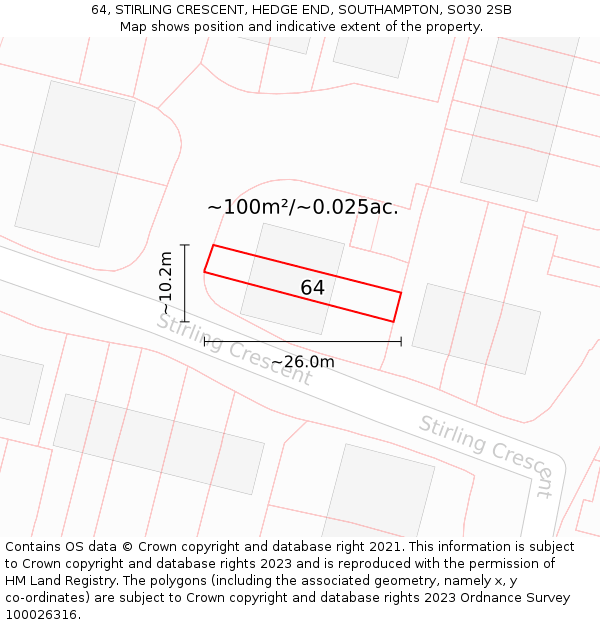 64, STIRLING CRESCENT, HEDGE END, SOUTHAMPTON, SO30 2SB: Plot and title map