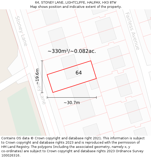 64, STONEY LANE, LIGHTCLIFFE, HALIFAX, HX3 8TW: Plot and title map