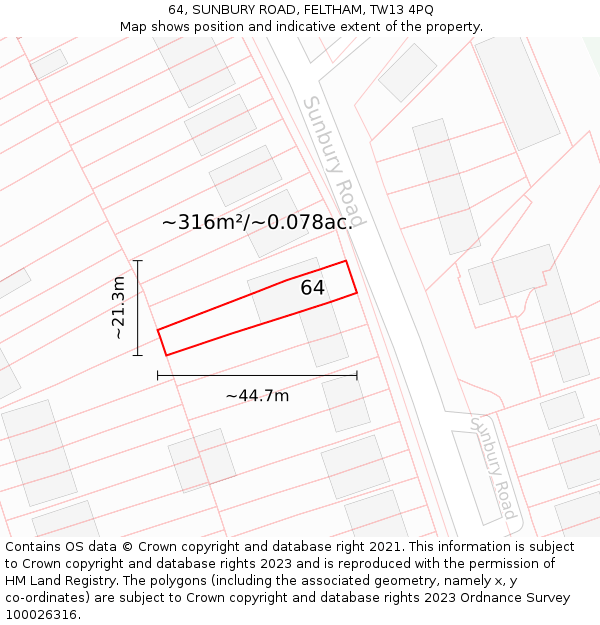 64, SUNBURY ROAD, FELTHAM, TW13 4PQ: Plot and title map