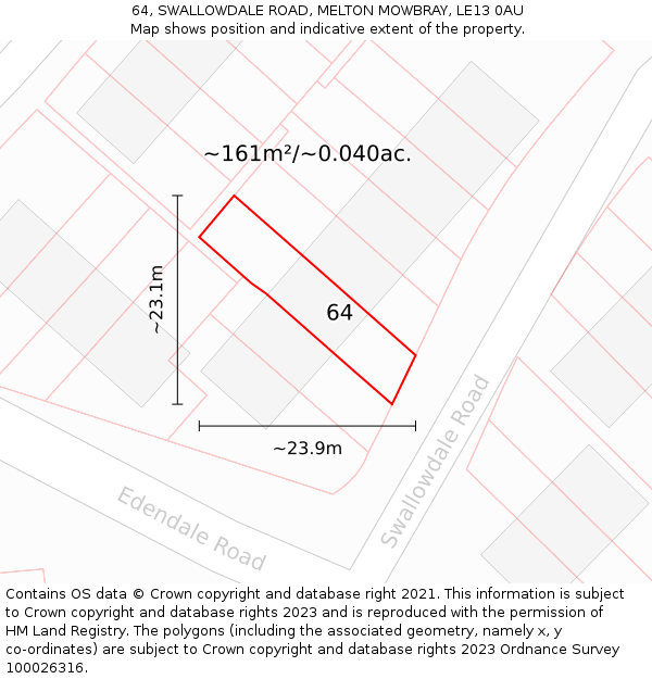 64, SWALLOWDALE ROAD, MELTON MOWBRAY, LE13 0AU: Plot and title map