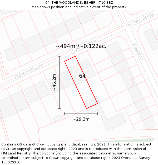 64, THE WOODLANDS, ESHER, KT10 8BZ: Plot and title map