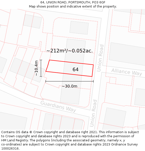 64, UNION ROAD, PORTSMOUTH, PO3 6GF: Plot and title map