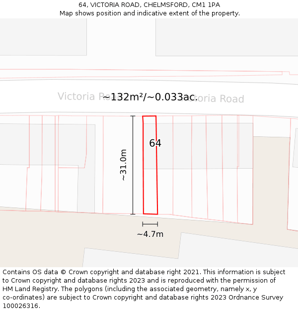 64, VICTORIA ROAD, CHELMSFORD, CM1 1PA: Plot and title map