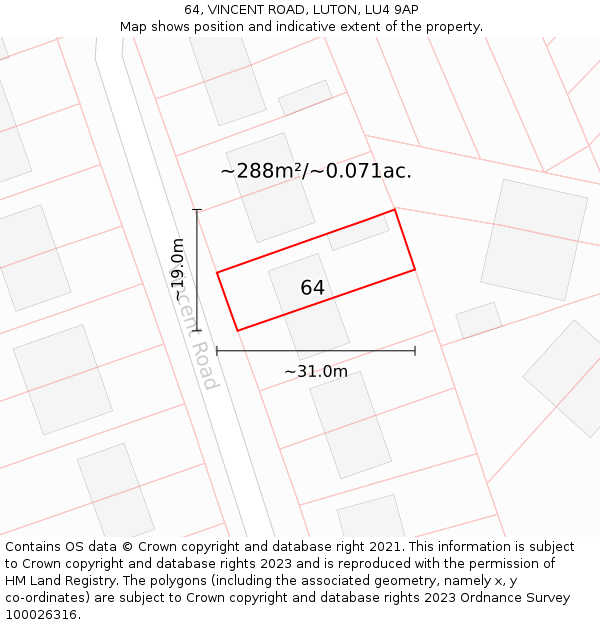 64, VINCENT ROAD, LUTON, LU4 9AP: Plot and title map