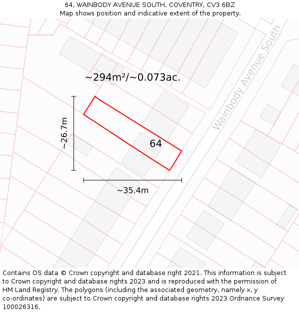 64, WAINBODY AVENUE SOUTH, COVENTRY, CV3 6BZ: Plot and title map