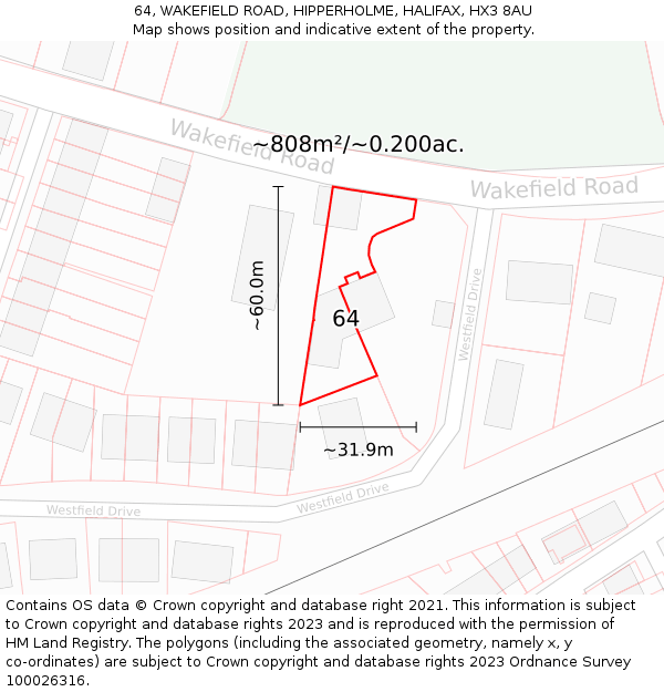 64, WAKEFIELD ROAD, HIPPERHOLME, HALIFAX, HX3 8AU: Plot and title map