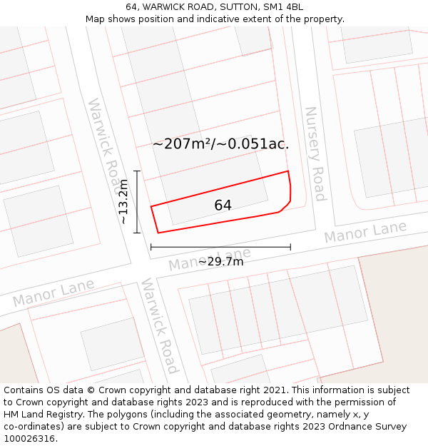 64, WARWICK ROAD, SUTTON, SM1 4BL: Plot and title map