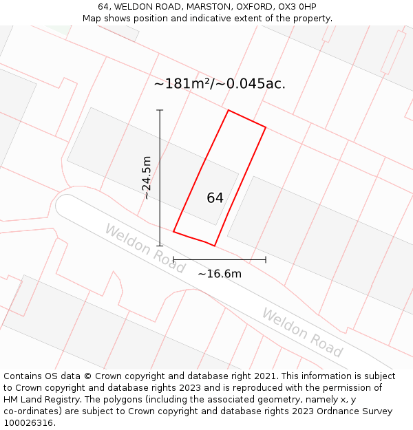 64, WELDON ROAD, MARSTON, OXFORD, OX3 0HP: Plot and title map