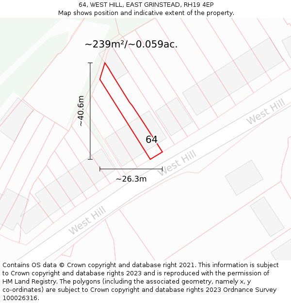 64, WEST HILL, EAST GRINSTEAD, RH19 4EP: Plot and title map