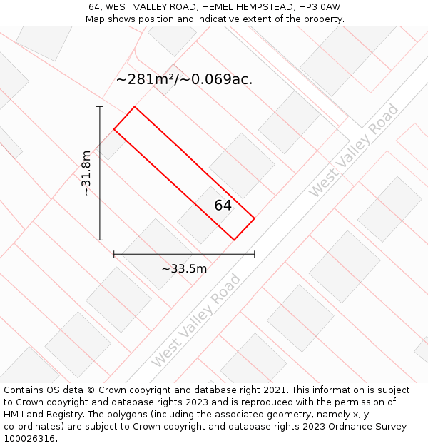 64, WEST VALLEY ROAD, HEMEL HEMPSTEAD, HP3 0AW: Plot and title map