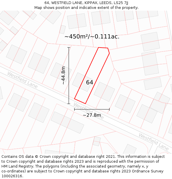 64, WESTFIELD LANE, KIPPAX, LEEDS, LS25 7JJ: Plot and title map