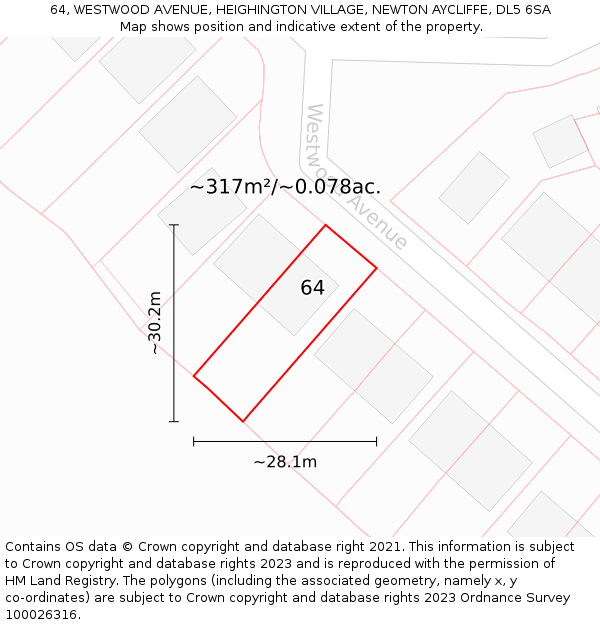 64, WESTWOOD AVENUE, HEIGHINGTON VILLAGE, NEWTON AYCLIFFE, DL5 6SA: Plot and title map