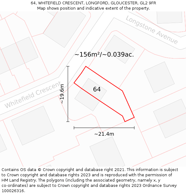 64, WHITEFIELD CRESCENT, LONGFORD, GLOUCESTER, GL2 9FR: Plot and title map