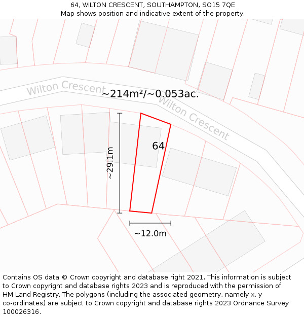 64, WILTON CRESCENT, SOUTHAMPTON, SO15 7QE: Plot and title map