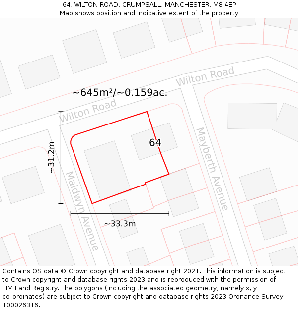 64, WILTON ROAD, CRUMPSALL, MANCHESTER, M8 4EP: Plot and title map