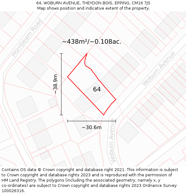 64, WOBURN AVENUE, THEYDON BOIS, EPPING, CM16 7JS: Plot and title map