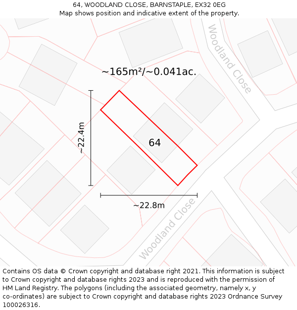 64, WOODLAND CLOSE, BARNSTAPLE, EX32 0EG: Plot and title map