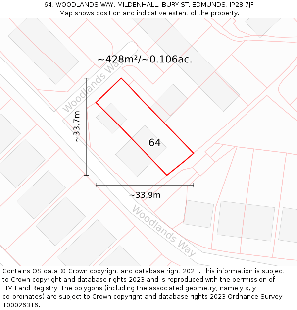 64, WOODLANDS WAY, MILDENHALL, BURY ST. EDMUNDS, IP28 7JF: Plot and title map