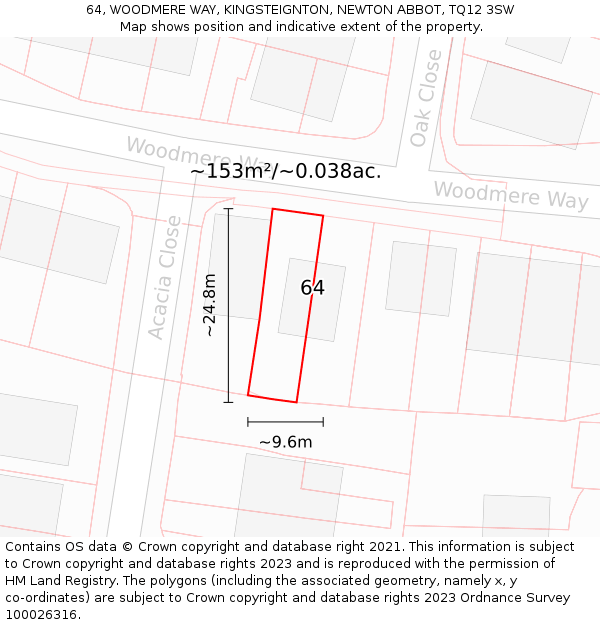 64, WOODMERE WAY, KINGSTEIGNTON, NEWTON ABBOT, TQ12 3SW: Plot and title map