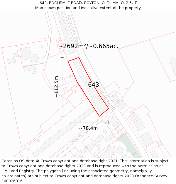 643, ROCHDALE ROAD, ROYTON, OLDHAM, OL2 5UT: Plot and title map