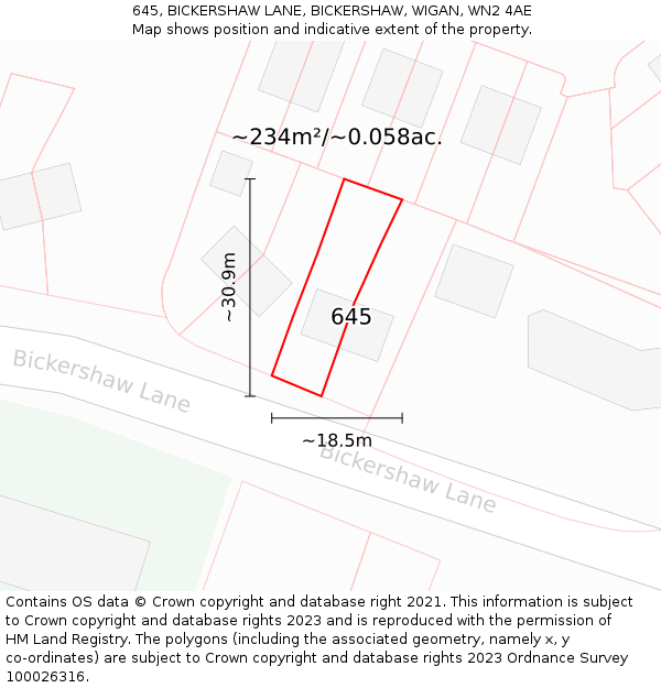 645, BICKERSHAW LANE, BICKERSHAW, WIGAN, WN2 4AE: Plot and title map