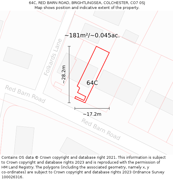 64C, RED BARN ROAD, BRIGHTLINGSEA, COLCHESTER, CO7 0SJ: Plot and title map