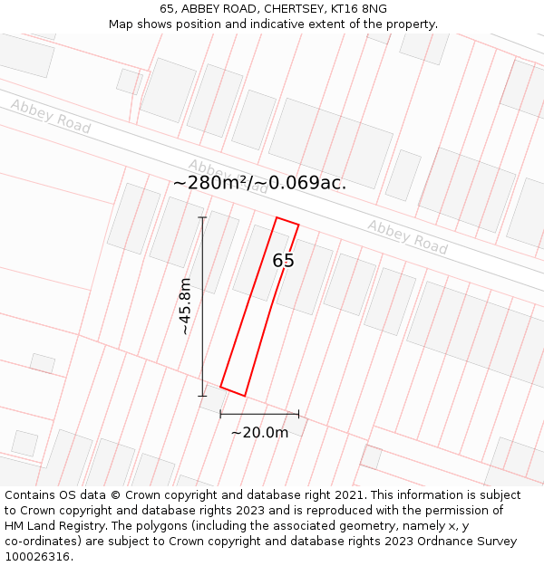 65, ABBEY ROAD, CHERTSEY, KT16 8NG: Plot and title map